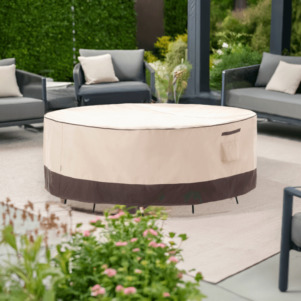 2025 Edition Waterproof Outdoor Patio Round Cover - Beige+Coffee.