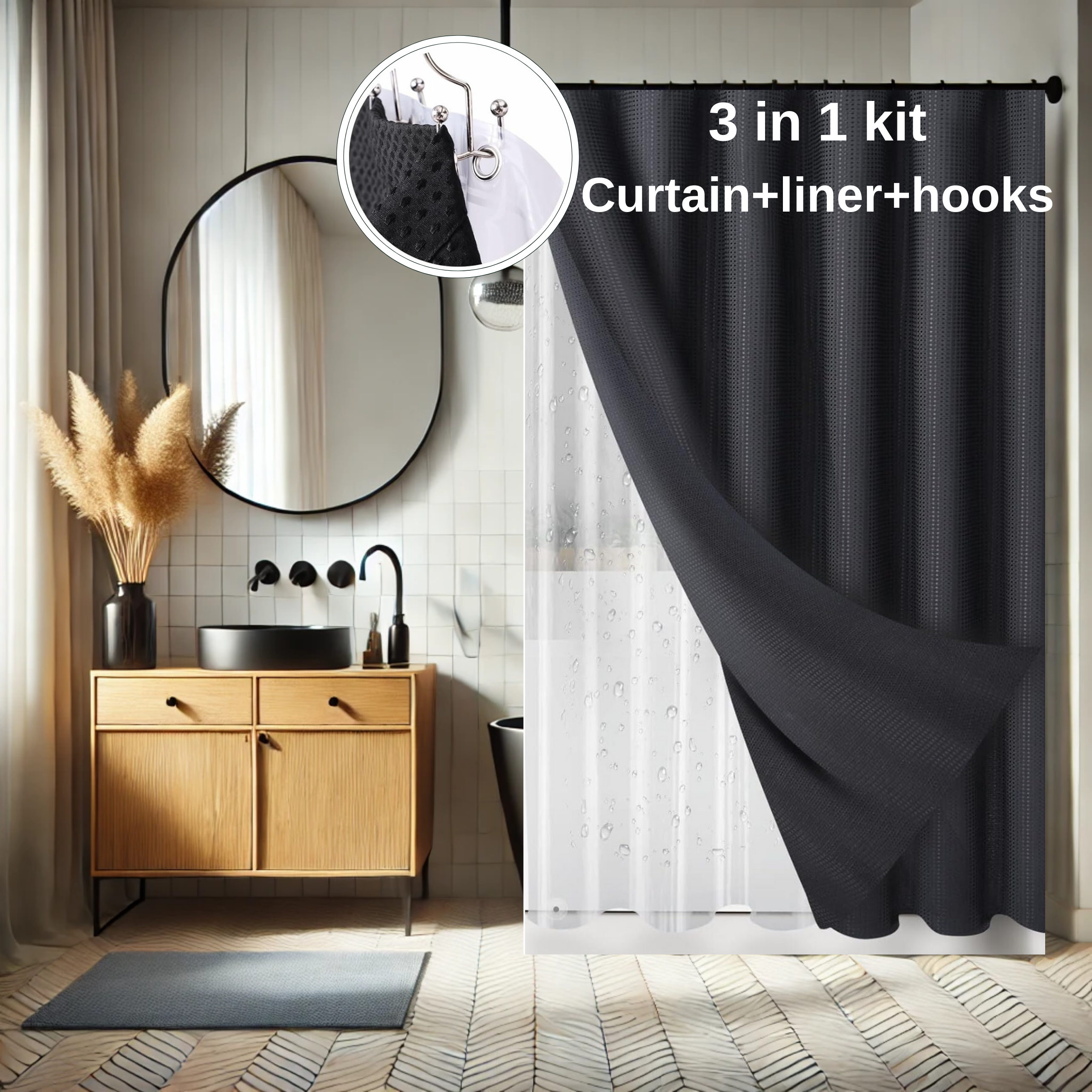 3-in-1 Shower Curtain Kit - Black