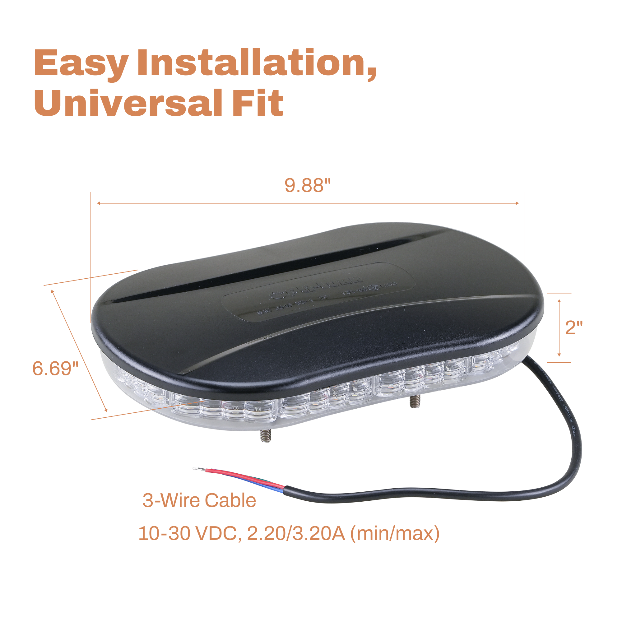 LB1000 Series 10" Clear Lens / Amber LED Light Bar (Bracket Mount, 3-Wire Cable)